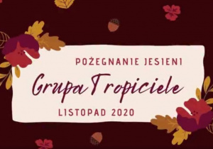 Tablica informacyjna z napisem - grupa tropiciele- listopad 2020. Na brązowym tle nieregularnie rozmieszczone liście.